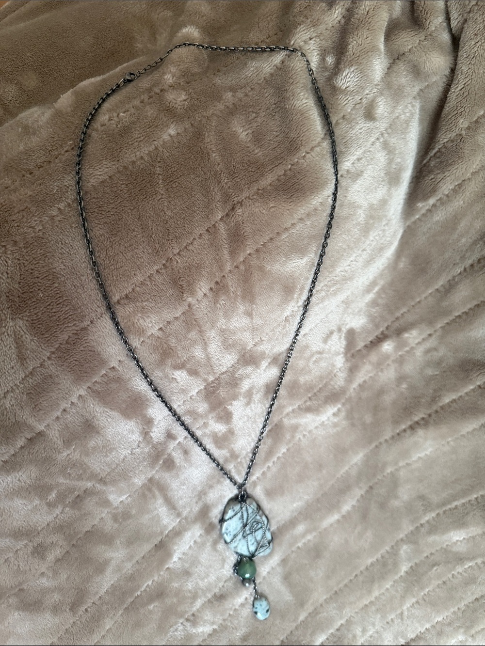 Source Unknown Black Wire-Wrapped Aquamarine and Green Bead Necklace